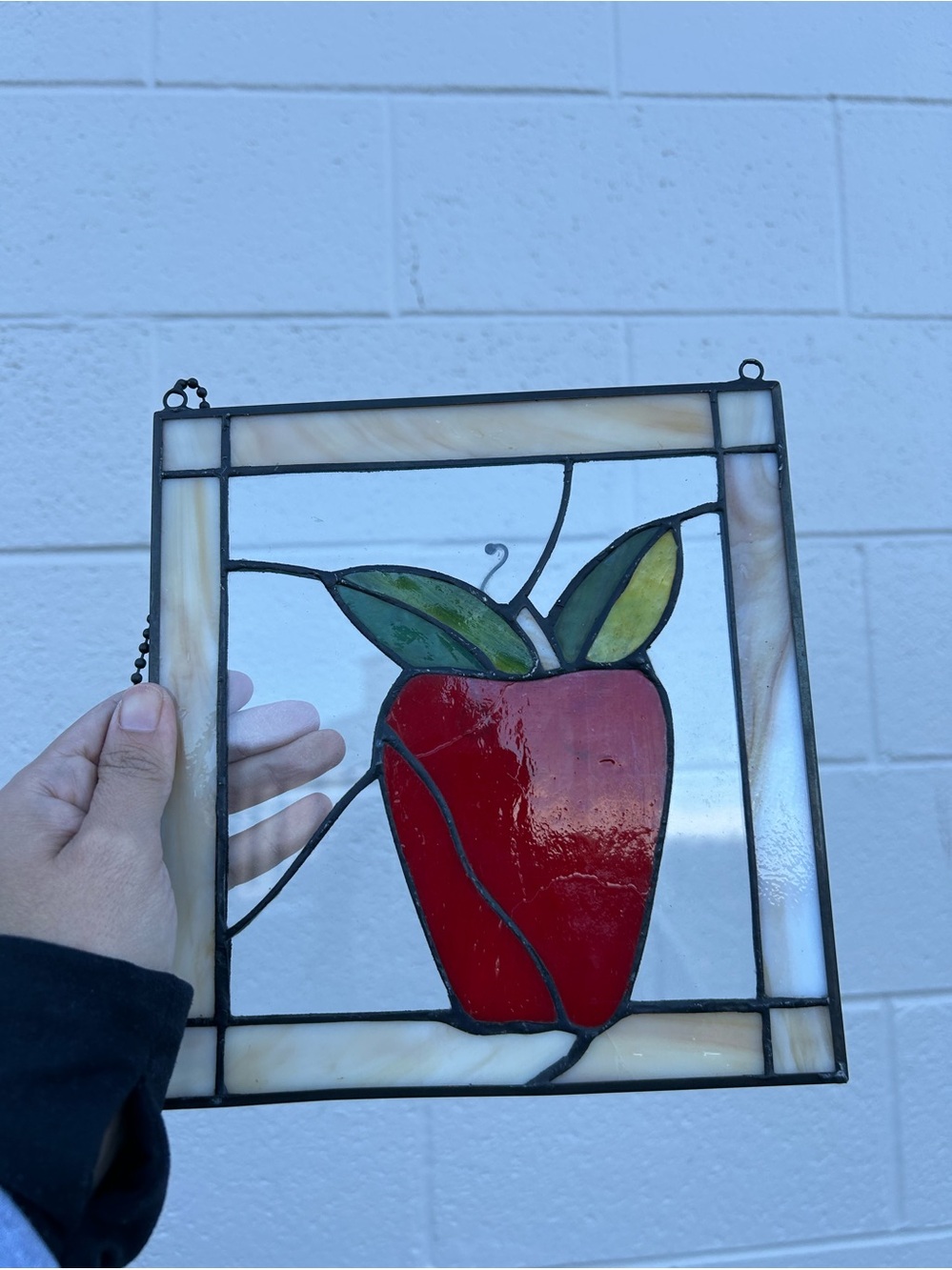 vintage leaded stained glass hanging suncatcher featuring a red apple